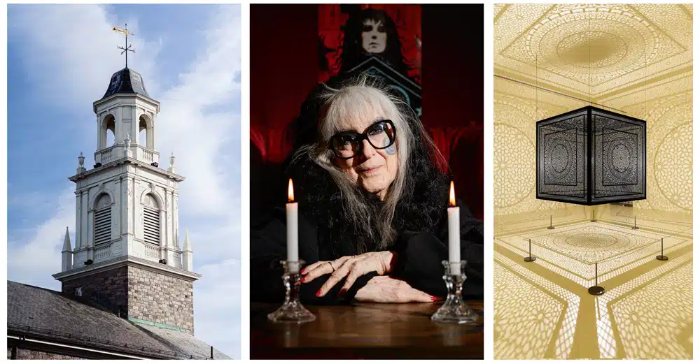 The soaring tower of Tabernacle Congregational Church, whose roots go back to 1629; Laurie Cabot, a prominent witch-about-town; an installation by Pakistani-born artist Anila Quayyum Agha at the Peabody Essex Museum.