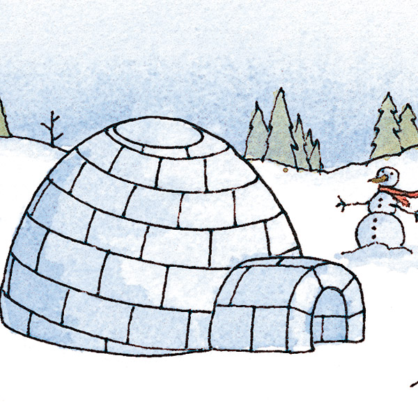 Illustration of a snow-covered landscape with an igloo in the foreground and a snowman wearing a scarf in the background. Trees are visible in the distance under a cloudy sky.