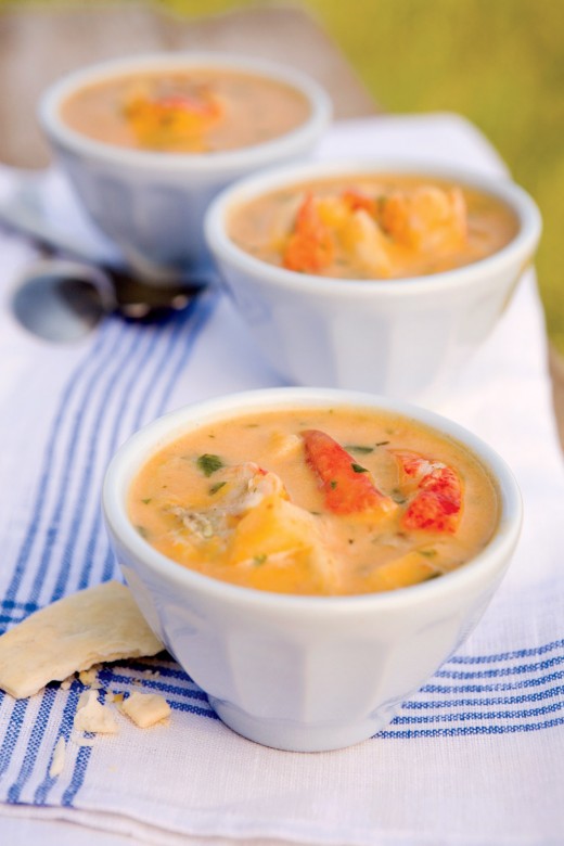 Lobster and Sweet-Potato Soup With Blue Hominy, Sweet Red Pepper, and Jicama