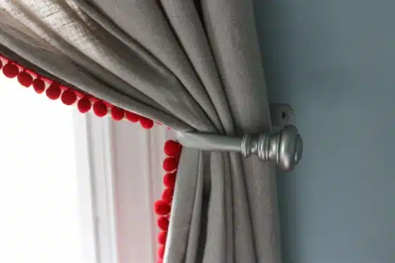 Dress Up Plain Curtains with Red Pom Pom Trim