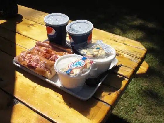 A wooden picnic table holds a tray with two beverages in cups, two containers of food, a sealed cup of fruit or dessert, and utensils on a sunny day.