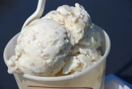 A paper cup filled with scoops of vanilla ice cream that appears to have bits of nuts, with a plastic spoon inserted.