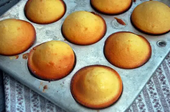 A metallic muffin tin holds eight golden-brown, dome-shaped muffins, slightly overbaked around the edges, placed on a patterned cloth surface.