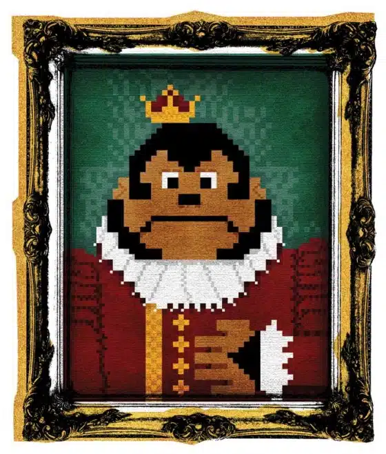 A pixel art depiction of a king in royal attire, wearing a crown, framed in an ornate golden frame with a green background.