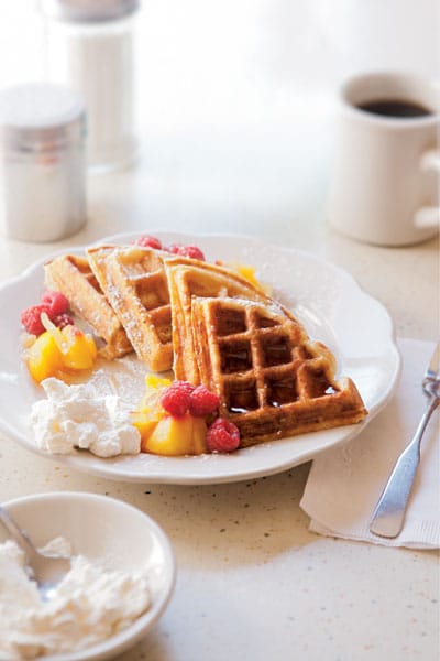 Mix Cafe and Bakery's Vanilla Waffles with Ginger-Peach Compote & Maple Whipped Cream