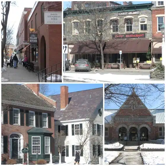 Four-panel image showing different buildings in a snowy town. The top left shows a sidewalk with trees and shops. The top right displays businesses. The bottom left shows large houses, and the bottom right a stone building.