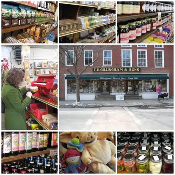 A collage showing the F.H. Gillingham & Sons general store exterior, along with interior shelves stocked with various products, including groceries, toys, and specialty items. A customer is shopping.