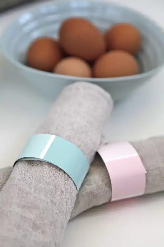 Two gray napkins in pastel-colored napkin rings are placed in front of a bowl containing brown eggs.