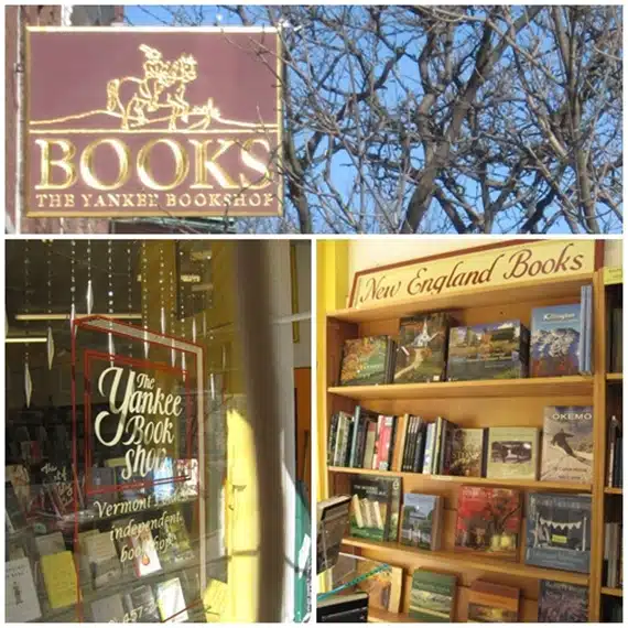 A bookstore exterior sign reading "Books The Yankee Bookshop," a window display with the shop's logo, and an interior shelf labeled "New England Books" with various books on display.