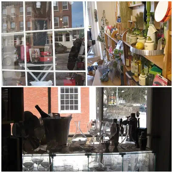 Two images of store windows: the top shows various kitchen gadgets on shelves, while the bottom displays glassware and metal kitchen items.