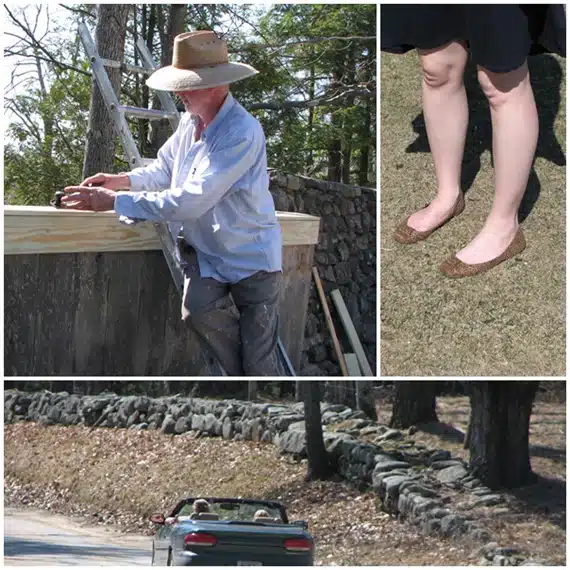 Three-part collage: Top-left shows a person in a hat working with wood, top-right shows a close-up of another person's legs and shoes, and bottom shows a car with two people driving on a country road.