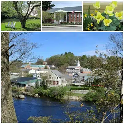 A collage of four photos showing: 1) a grassy area with Adirondack chairs and trees, 2) a red brick building, 3) yellow tulips and daffodils, and 4) a small town along a river.