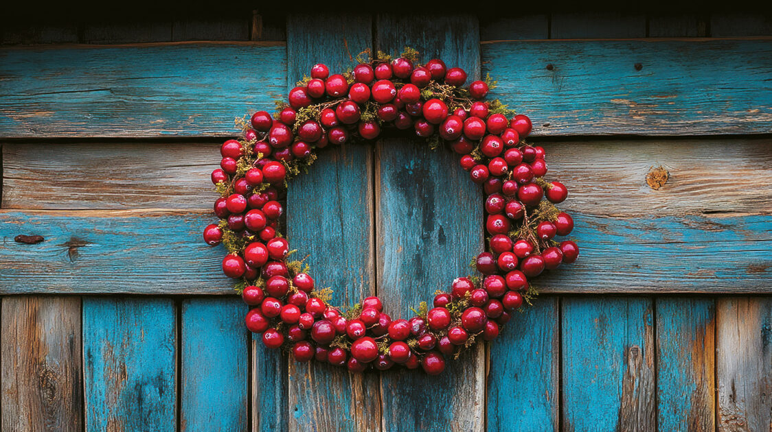A wreath of red berries hangs on a rustic blue wooden door.