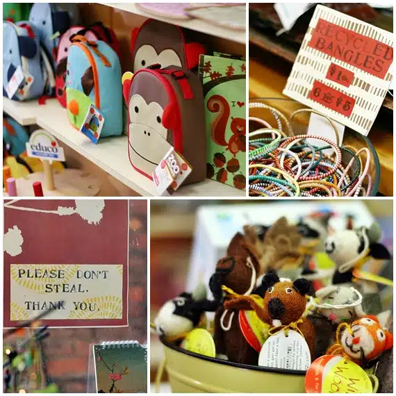 A collage of various children's toys and accessories, including animal-themed backpacks, recycled bangles, plush toys, and a sign that reads "Please Don't Steal. Thank You!.