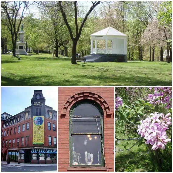 A park with a gazebo, a brick building with a large sign, a close-up of a weathered arched window, and blooming lilac flowers.