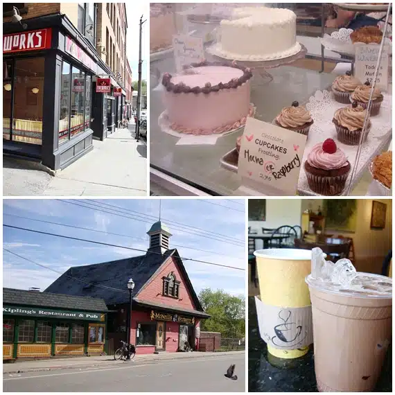 A collage of four images: a street with a storefront, cakes and cupcakes in a display, an exterior view of a restaurant, and two iced beverages on a table.