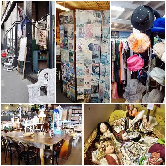 Collage of a vintage store with a sidewalk view, magazine rack, hat rack, antique furniture setup, and a basket of dolls.