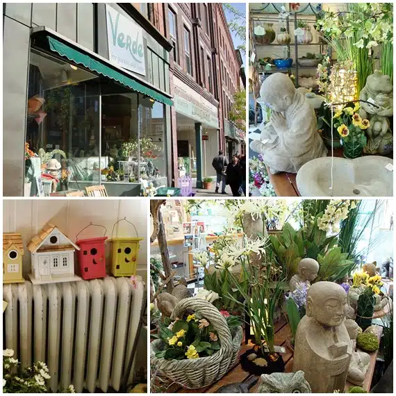 A storefront with "Verde" signage. Inside are various plants, birdhouses on a radiator, garden statues, and other decorative items.