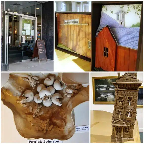 Collage of images: an entrance with a signboard, a photograph of a building facade, a wooden artwork with turtle sculptures, and a tall, intricate wooden tower structure next to framed pictures.