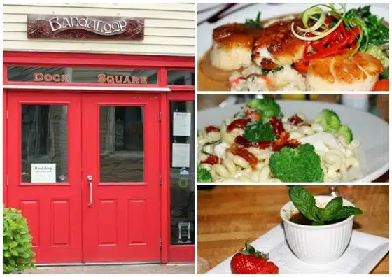 Image collage showing the entrance of Bandaloop restaurant with red doors on the left, and three images of dishes including scallops, pasta with broccoli, and a dessert garnished with mint on the right.
