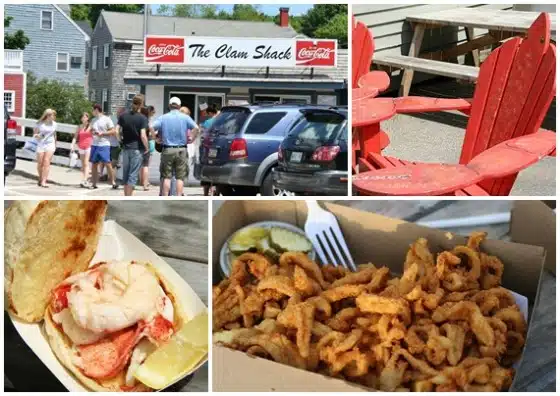 A group of people in line outside "The Clam Shack" restaurant, red patio chairs, a lobster roll, and a serving of fried clams.