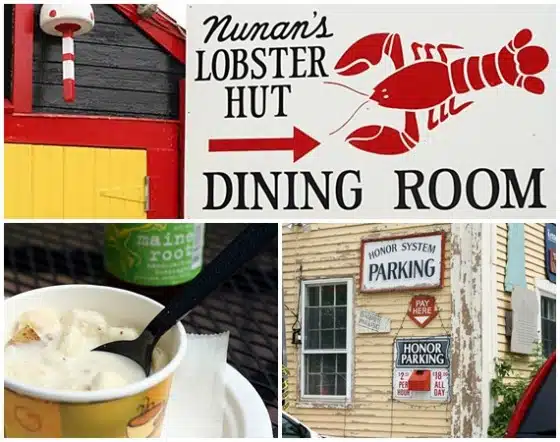 Collage of Nunan's Lobster Hut sign, a cup of chowder with a spoon, and an honor system parking sign on a yellow building.