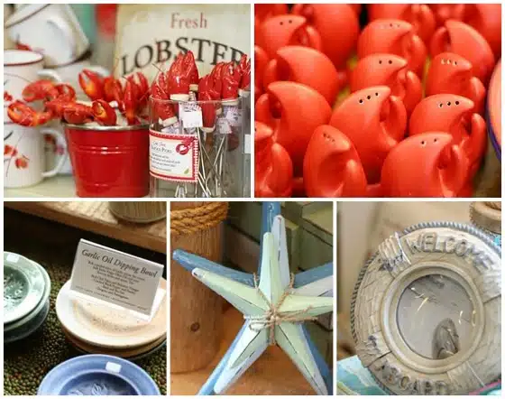 A collage featuring a display of lobster-themed items including lobsters in a tin, crab-shaped shakers, bowls with a dipping board, a blue star ornament, and a circular welcome sign.