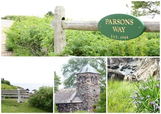 A collage featuring a wooden sign for "Parsons Way, Est. 1944," a stone tower, a bench overlooking the sea, rocky shore, and greenery.