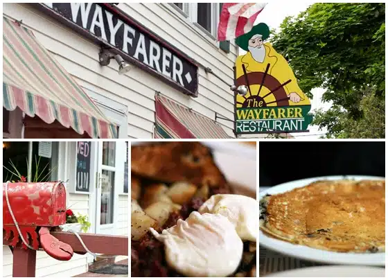Collage showing the exterior sign of The Wayfarer Restaurant, a close-up of a red lobster mailbox, a plate with poached eggs and hash, and a large pancake.