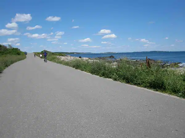 Cyclists ride on a paved path alongside greenery and a coastline under a bright blue sky with scattered clouds.