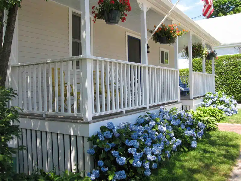 A white porch with potted flowers hangs above a row of blue hydrangeas, featuring chairs and a small table. An American flag is attached to the porch railing.