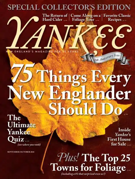 Cover of Yankee magazine's September/October 2016 issue, featuring a large autumn leaf and highlights such as "75 Things Every New Englander Should Do" and "The Top 25 Towns for Foliage.