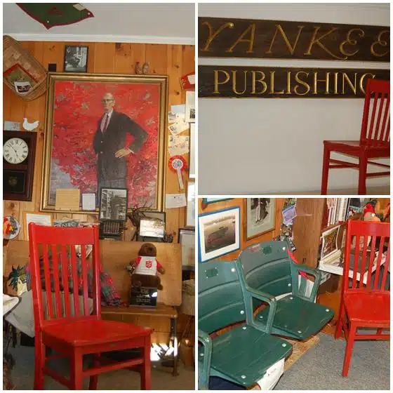 Collage of four images: a red chair in a room with wall decor, a partial view of a sign with "YANKE" and "PUBLISHING", a red chair in front of a wall sign, and two green stadium seats in a room with wooden walls.