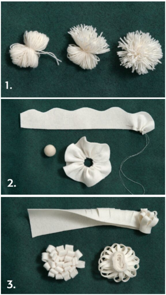 Three panels showing different handmade white fabric flower crafts in various stages of assembly on a green background.