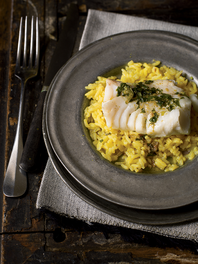 Cod with Ginger-Basil Butter on Fragrant Rice
