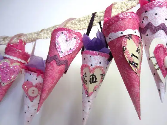 Valentines Day Paper Cones hung for decoration