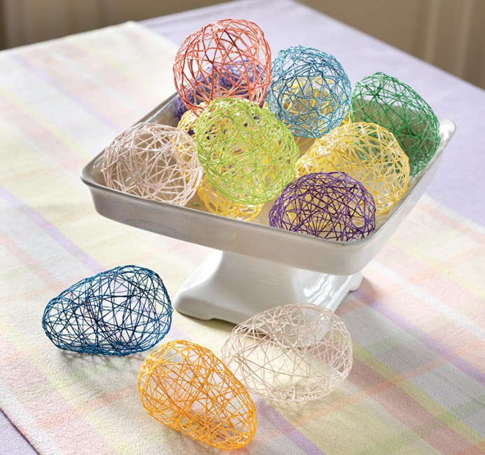 Colorful string eggs are an easy Easter craft.