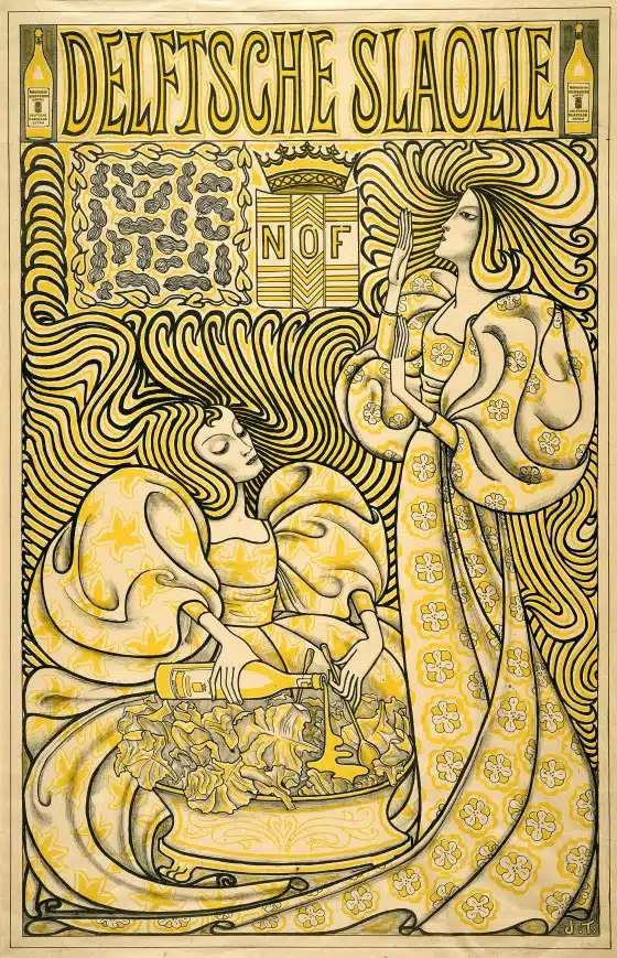Vintage poster featuring two women in flowing gowns. One holds a bottle, pouring liquid onto food. The poster displays the text "DELFTSCHE SLAOLIE" and ornate patterns in yellow and black.