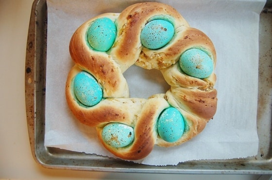 Beautiful baked Easter bread with dyed eggs!