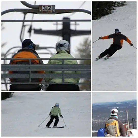 A collage of four images featuring skiers: two seated on a ski lift, one skiing downhill, another skiing on a slope, and a person standing with a snowy landscape in the background.
