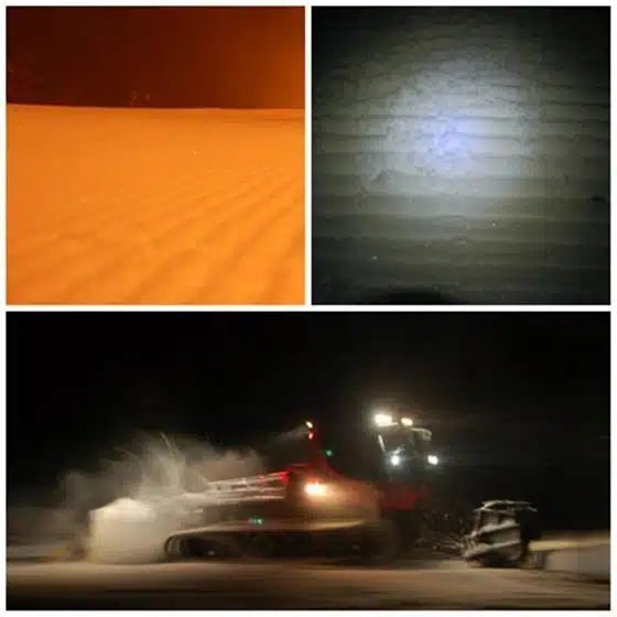 Collage of three images: rippled snow in low light, a close-up of snow ripples at night, and a snow grooming machine active in the dark.