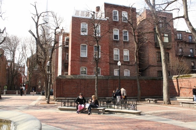 The new exhibit is on Unity Street, which runs between the Paul Revere Mall (pictured) and the Old North Church.