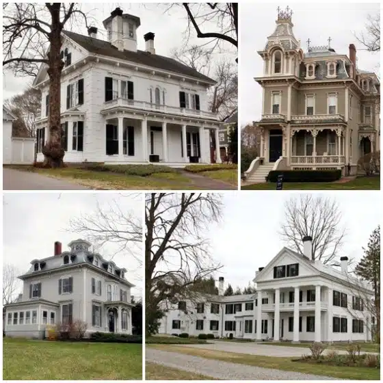 Collage of four historical houses in different architectural styles, featuring large windows, multiple stories, ornate facades, and well-maintained exteriors.