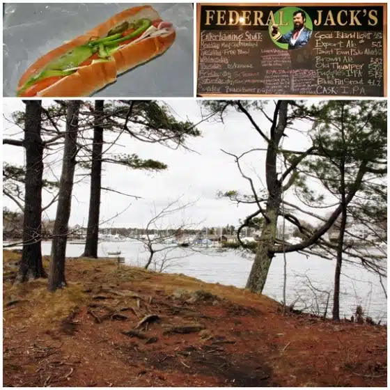 A collage showing a hot dog, a menu from Federal Jack's restaurant, and a scenic view of a lakeside area with trees and boats in the background.