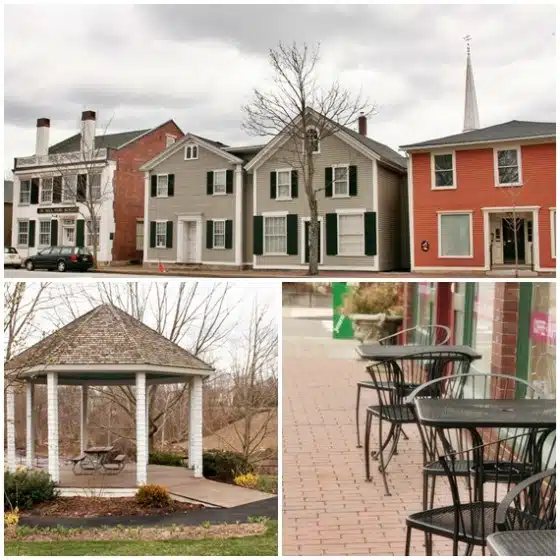 A collage of three images: top shows a street with historic houses and a church spire; bottom left shows a gazebo in a park; bottom right shows outdoor café seating with empty tables and chairs.