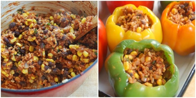 Hearty brown rice with beans, onions, tomato puree, corn, and spices makes the perfect stuffed pepper filling. 