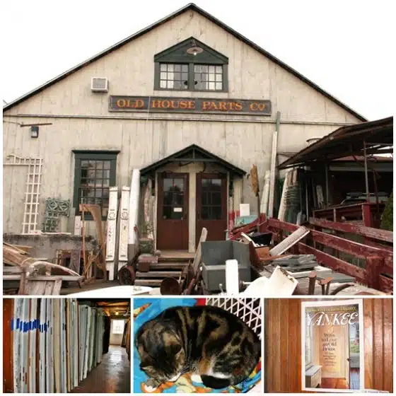 A rustic building labeled "Old House Parts Co." with various architectural salvage items outside. Below are images of wooden doors, a sleeping cat, and a sign reading "Yankee Magazine, Best of New England.