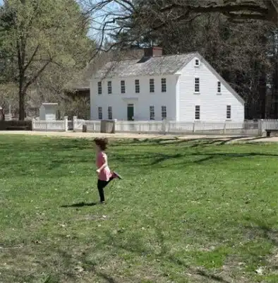 A child in a pink dress runs across a grassy field with a large white house and trees in the background.
