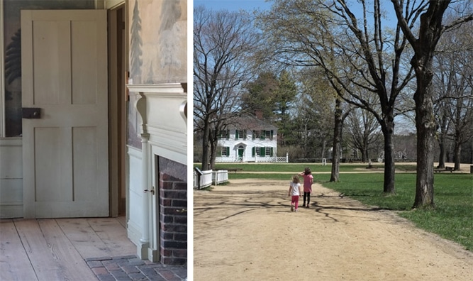Interior of one of the four bedchambers upstairs at the Salem Towne House, a grand home originally from Charlton, Massachusetts circa 1796 and moved to OSV in 1952.  Ella and Lucy walk along the dirt road in the center of town that leads to the Salem Towne House, seen in the distance.