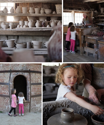 Hundreds of examples of  handmade pottery line the walls and floors of the pottery shop. Potter Howard Forte has a captive audience while he works on the potter's wheel. The kiln outside the pottery shop.  Lucy helps shape a pot with Howard.